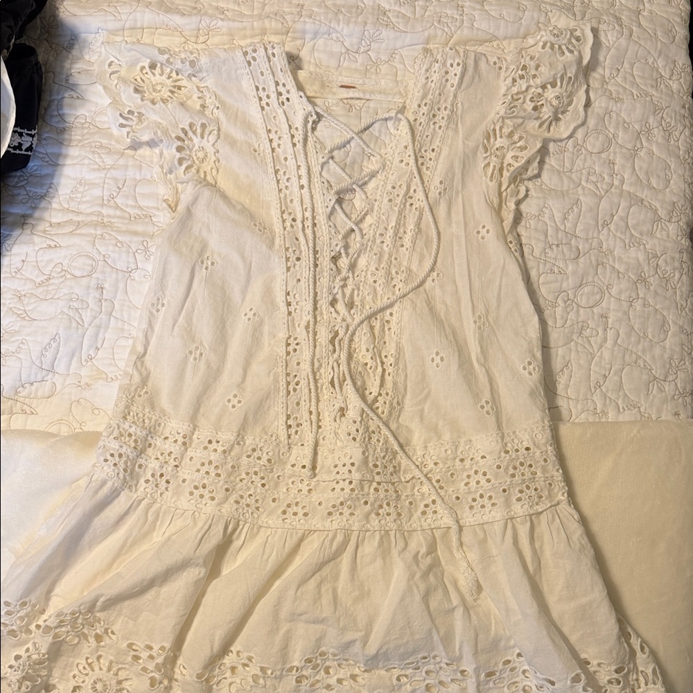 Free People Cream Lace-Up Eyelet Top